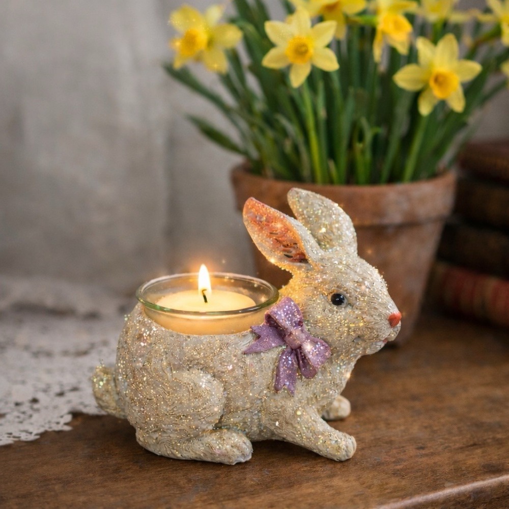 Easter Bunny Candle Holder with Fixed Glass Votive Cup Spring Decor